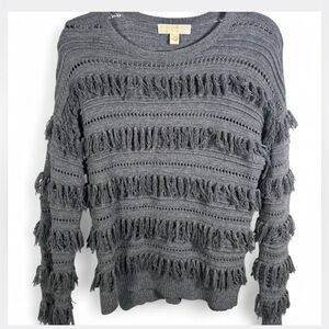 Michael Kors Gray Fringe-Texture Knit Sweater | Cozy & Elevated